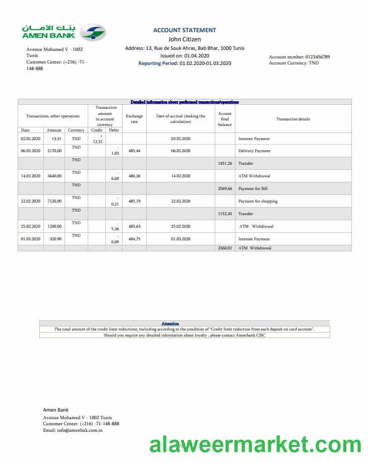 Tunisia Amen Bank statement easy to fill template in Word and PDF format